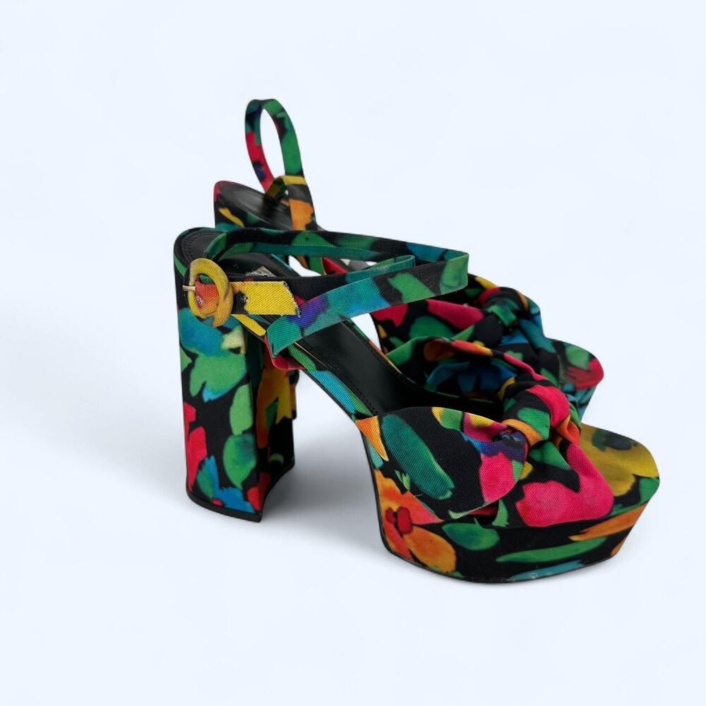 Watercolor Floral Knot Ankle Strap Chunky Block Heel Open Toe Platform Sandals